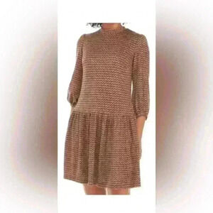 52seven Hacci Drop Waist Mock Neck Dress Sz M Brown multicolor